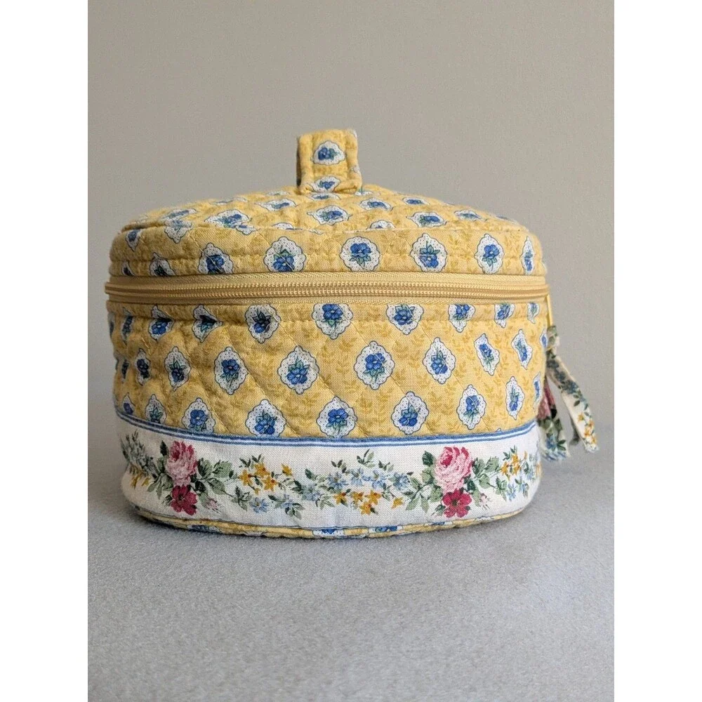 Rare Vintage Vera Bradley ELIZABETH Yellow Round Travel Cosmetic Bag Case Train